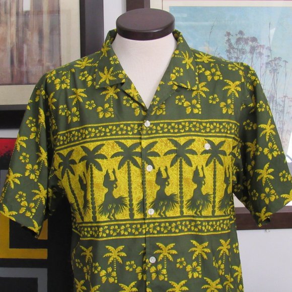 Vintage Ocean Pacific OP Hawaiian Shirt Green Palm Trees Women Dancing Large EUC - Picture 3 of 15
